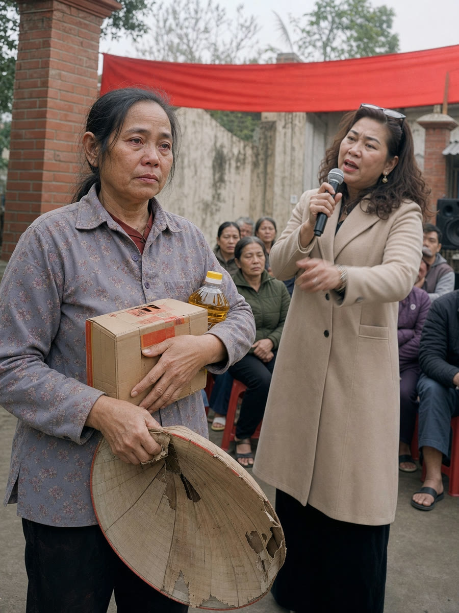 Buổi phát quà cuối năm ở sân nhà văn hoá thôn, bà chủ tài trợ bắt tôi ôm thùng quà đứng chụp ảnh đi chụp lại ba lần, rồi cầm micro nói trước cả sân rằng có thế mới có mà ăn